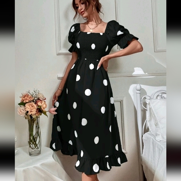 Polka Dot Print Puff Sleeve Shirred Ruffle Hem Dress Maxi Women Outfit